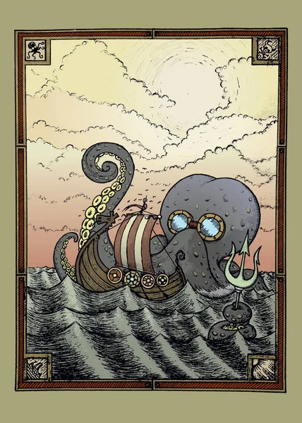 Navio Viking Atacado Pelo Monstro Mar Ilustração Fantasia Imaginária —  Vetores de Stock