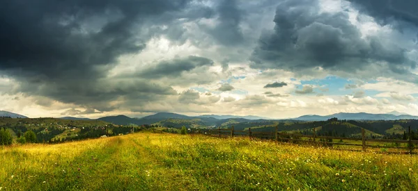 Berglandschaft Dramatisch Bewölkter Himmel Sommerregen Blühende Sommer Wildblumen Auf Plateau — Stockfoto