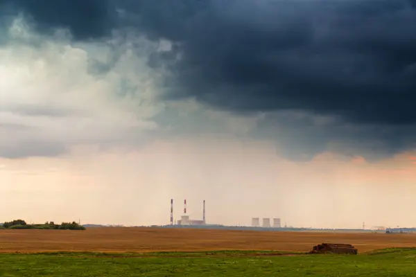 Panoramic View Power Plant Stormy Dramatic Clouds Power Station Sunset — Stock Photo, Image