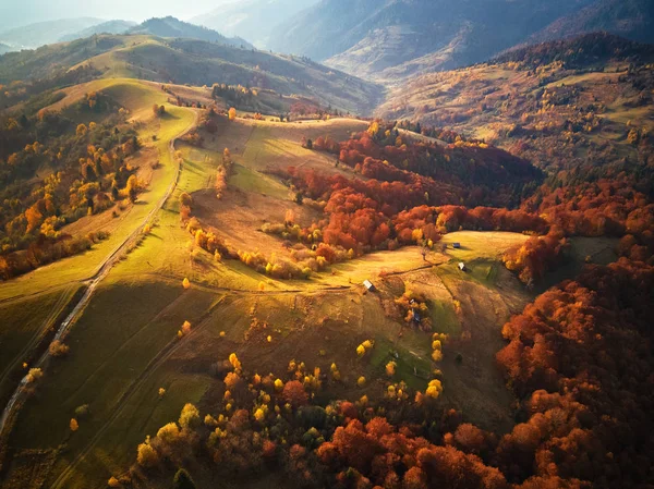 Krásné Horské Podzimní Krajina Loukou Barevný Les Červená Žlutá Oranžová — Stock fotografie
