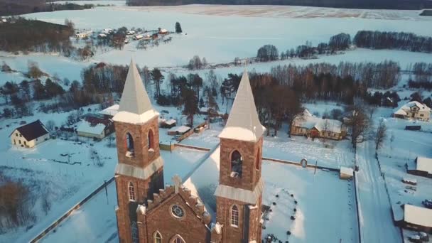 Aerial View Old Christian Church Rural Winter Scene Village Rubezhevichi — Stock Video