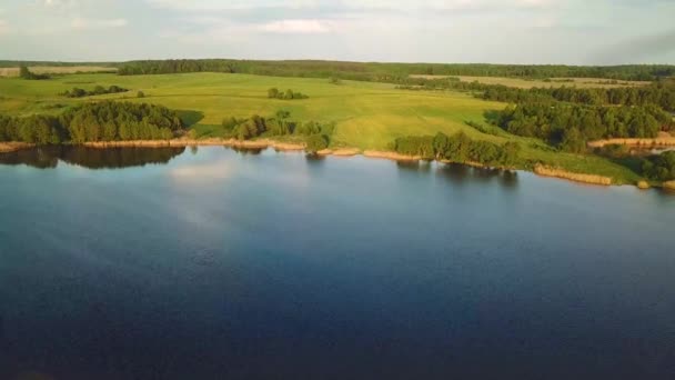 Vista Aérea Campos Verdes Primavera Lago Vista Drone Campo Bielorrússia — Vídeo de Stock