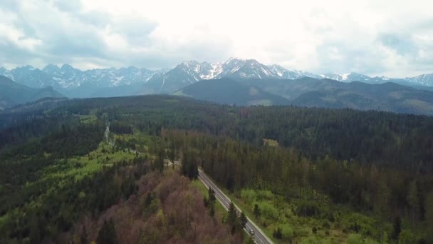 Vista Aérea Carretera Bosque Las Montañas Tatras Camino Polonia Eslovaquia — Vídeos de Stock