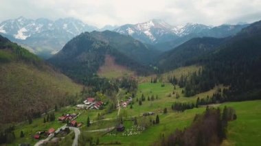 Tatras dağlar orman yolu havadan görünümü. Yolunu Polonya Slovakya