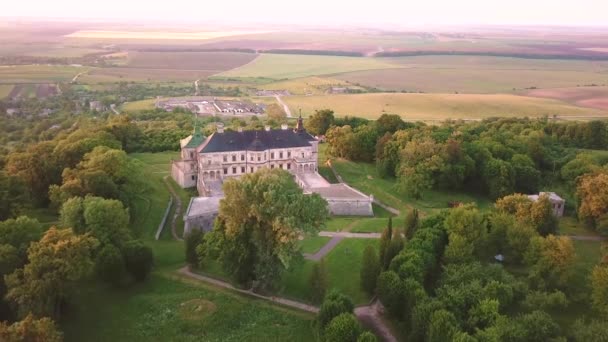 Podgortsy Palace Från Luften Solnedgång Över Sommaren Park Kullarna Flygfoto — Stockvideo