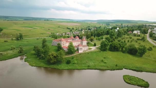 从空中 Svirzh 夏天公园和湖在山上 Svirzh 城堡鸟瞰图 乌克兰 — 图库视频影像