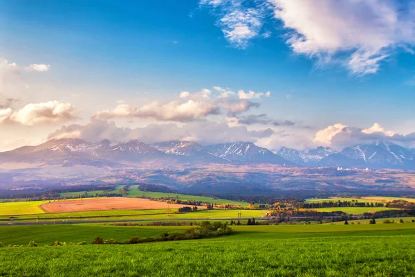 Våren Bergsdal Pittoreska Gröna Fält Och Äng Landskap Panorama Över — Stockfoto