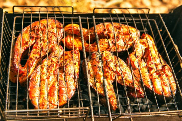 Pohled shora na hořící braai grilovaný losos. — Stock fotografie