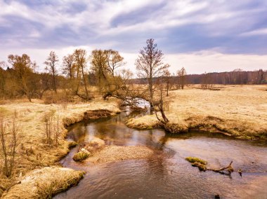Nisan ayında kırsal peyzaj. Erken baharda küçük nehir.