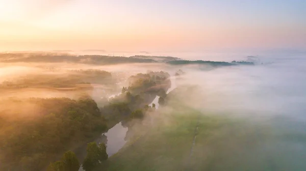 Morgennebel über Fluss, Wiese und Wald. — Stockfoto