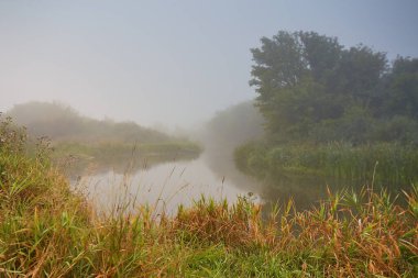 Sonbahar havası. Bulutlu yağmurlu şafak. Bulutlu gün doğumu. Suyun üstünde sis ve sis. Nehir üzerinde sis Neman, Belarus