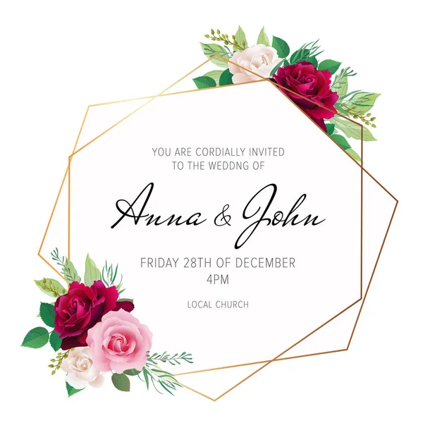 Convite Floral Casamento Design Cartão Convite Com Borgonha Vermelha Rosa —  Vetores de Stock