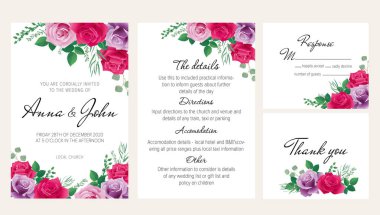 Elegantl çiçek düğün davetiyesi mor ve pembe güller ile ayarlayın. Bu düğün davetiye şablon dört şablonu içerir: davetiye, rsvp kartı, Ayrıntılar ve teşekkür kartı.