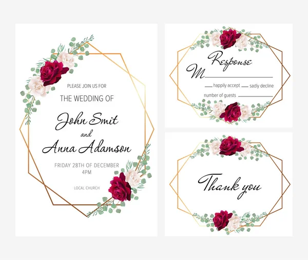 Belle Invitation Mariage Géométrique Moderne Sertie Roses Sombres Blanches Cet — Image vectorielle
