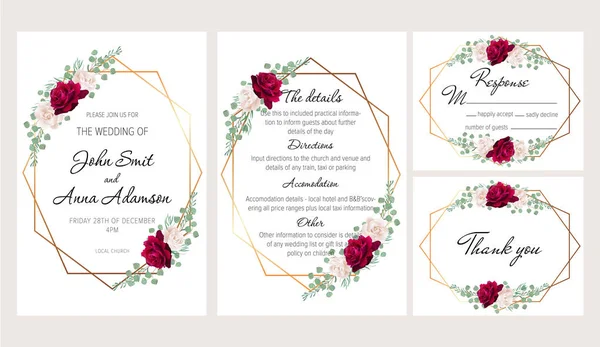 Belle Invitation Mariage Géométrique Moderne Sertie Roses Roses Roses Blanches — Image vectorielle