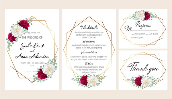 Belle Invitation Mariage Géométrique Moderne Sertie Roses Sombres Pivoines Blanches — Image vectorielle