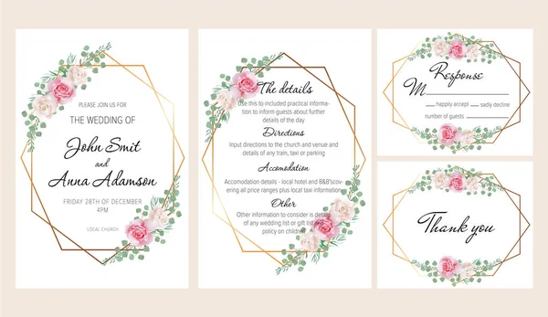 Hermoso Conjunto Invitación Boda Geométrica Moderna Con Rosas Rosadas Blancas — Vector de stock