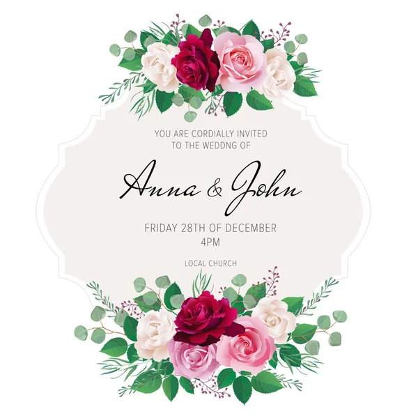 Invitación Boda Gracias Tarjeta Guardar Las Tarjetas Fecha Con Rosas — Archivo Imágenes Vectoriales