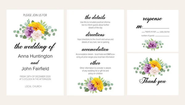 Belle Invitation Mariage Florale Sertie Roses Violettes Chrysanthème Jaune Pivoine — Image vectorielle