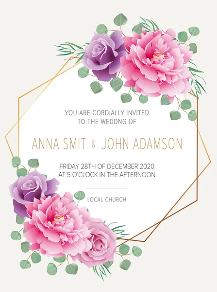 Hochzeitseinladung Speichern Sie Die Datumkarte Design Mit Bunten Lila Rosen — Stockvektor