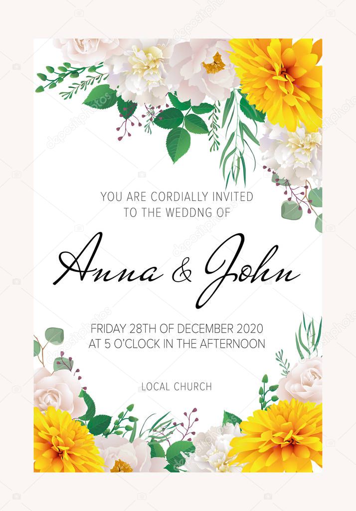 Wedding floral  invitation, save the date card design withyellow chrysanthemum, white roses and white peonies flowers. Trendy wedding card. Vector, modern template