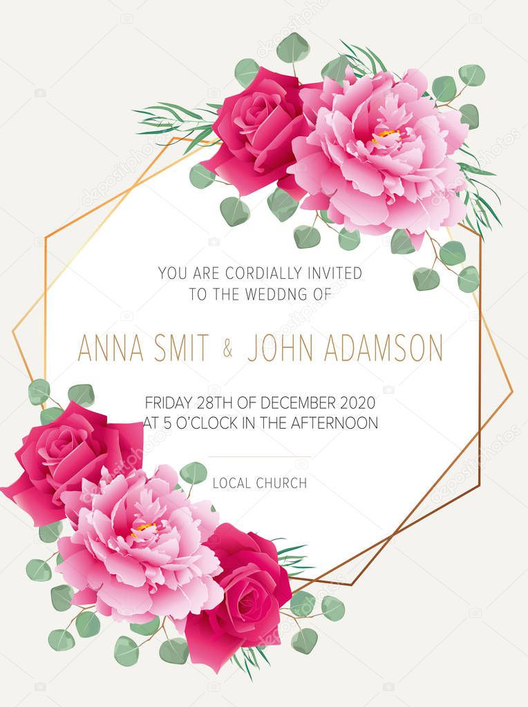 Wedding floral  invitation, save the date card design with colorful pink roses flowers and pink peony & elegant golden geometric decorationGeometric botanical vector design frame.Trendy wedding card. Modern template