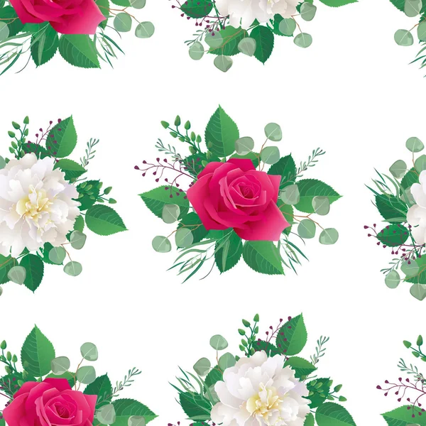 Patrón Floral Sin Costuras Con Rosas Rosadas Peonías Blancas Fondo — Vector de stock
