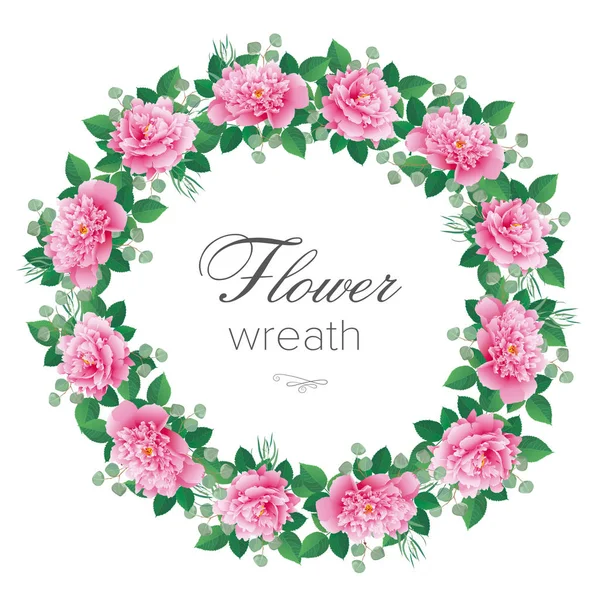 Romantischer Blumenkranz Runder Rahmen Mit Rötlichen Rosa Pfingstrosen Kann Als — Stockvektor