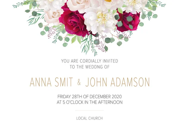 Convite Floral Casamento Salve Design Cartão Data Com Rosas Vermelhas — Vetor de Stock