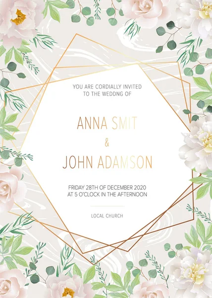 白バラと白い大理石の背景に白牡丹グリーティング カード 結婚式 誕生日および他の休日の招待状カードとして使用できます すべての要素が分離し 編集可能です — ストックベクタ
