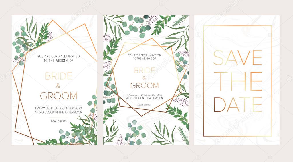 Wedding floral invitation, thank you modern card: rosemary, eucalyptus branches wreath on white marble texture with a golden geometric pattern. Elegant rustic template. All elements are isolated and editable