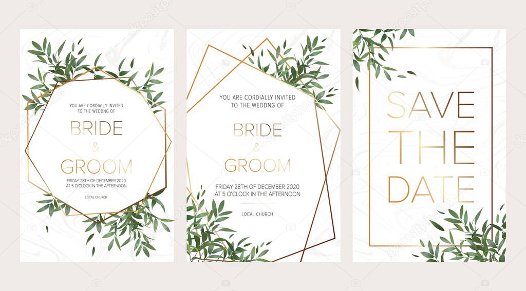 Wedding floral invitation, thank you modern card: ruscus italian wreath on white marble texture with a golden geometric pattern. Elegant rustic template. All elements are isolated and editable