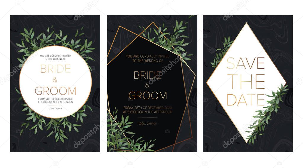 Wedding floral invitation, save the date card design with a ruscus italian leaves, forest plants, herbs composition & golden frame on the black marble background.Elegant rustic template. All elements are isolated and editable  