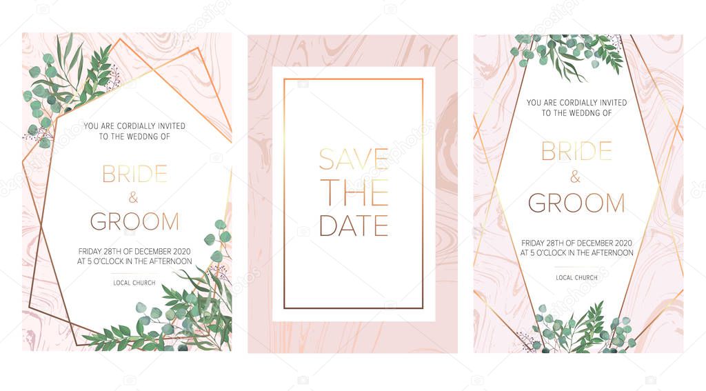 Wedding floral invitation, save the date card design with a ruscus italian leaves, forest plants, herbs composition & golden frame on the pink marble background.Elegant rustic template. All elements are isolated and editable  