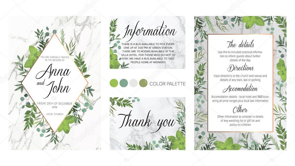 Wedding floral invite, details, thank youl save the date card: ruscus italian,  rosemary, eucalyptus branches wreath on white marble texture with a golden geometric pattern. Elegant rustic template. All elements are isolated and editable