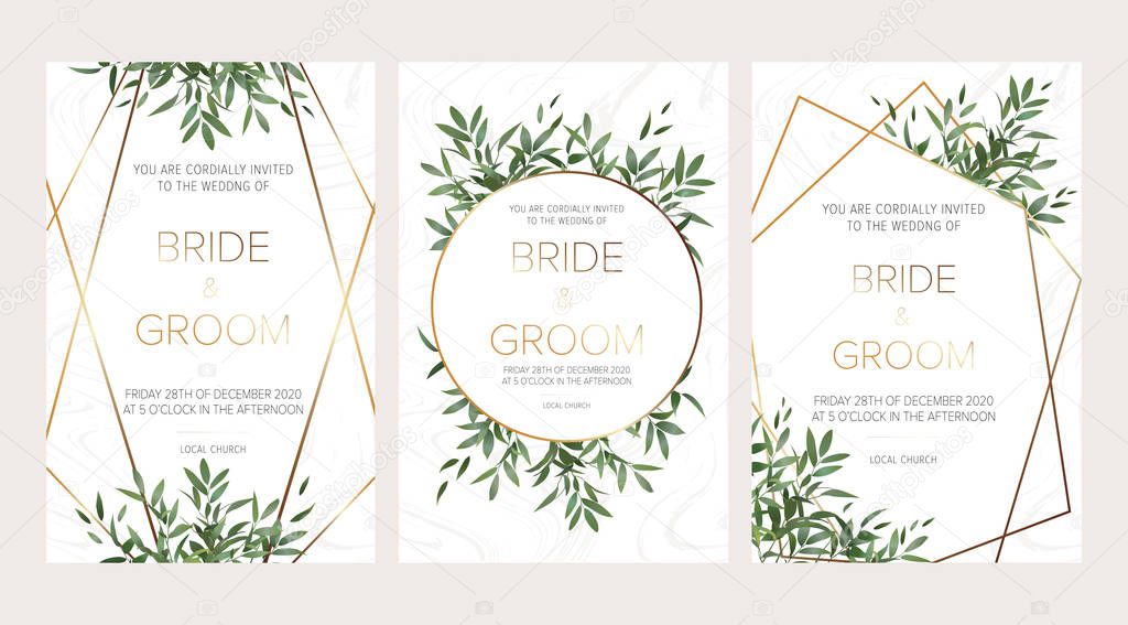 Wedding floral invitation, thank you modern card: ruscus italian wreath on white marble texture with a golden geometric pattern. Elegant rustic template. All elements are isolated and editable