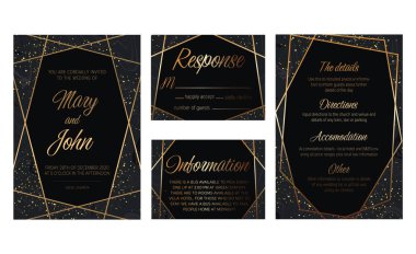 Wedding invite, details, rsvp, label save the date card. Luxury Set of elegant brochure,wedding card, background, cover. Black and golden marble texture.Geometric frame.Trendy wedding invitation.All elements are isolated and editable. clipart