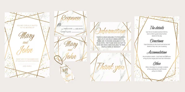 Wedding invite, details, rsvp, thank you label save the date card. Luxury Set of elegant brochure,wedding card, background, cover. White and golden marble texture.Geometric frame.Trendy wedding invitation.All elements are isolated and editable. — Stock Vector
