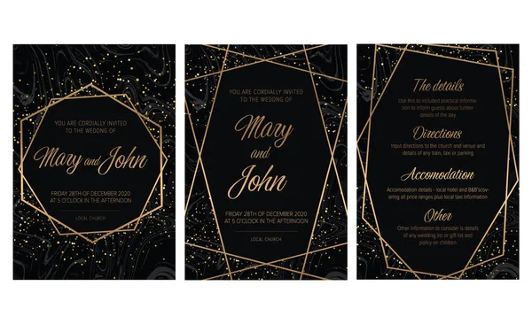 Conjunto de lujo de folleto elegante, tarjeta de boda, fondo, cubierta. Textura de mármol negro y dorado.Marco geométrico.Invitación de boda de moda.Todos los elementos son aislados y editables . — Vector de stock