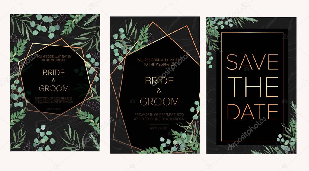 Wedding floral invitation, thank you modern card: rosemary, eucalyptus branches wreath on black marble texture with a golden geometric pattern. Trendy design template. All elements are isolated and editable