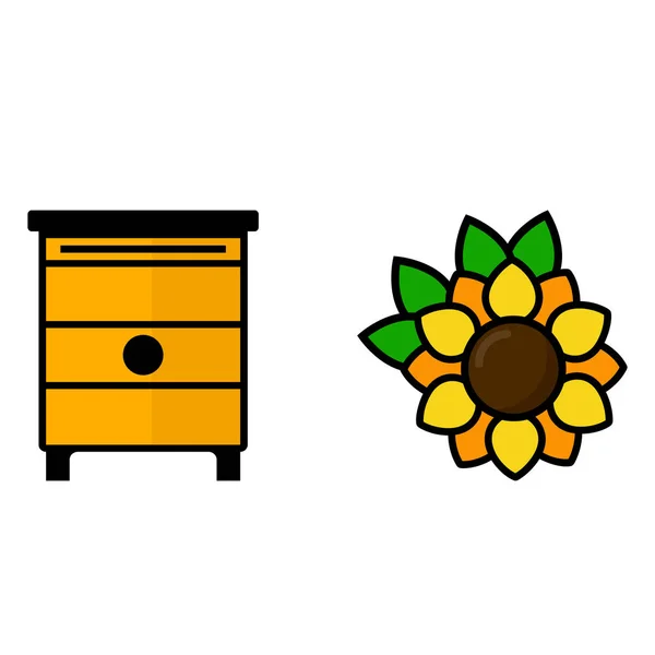 Vektorbild Einer Cartoon Sonnenblume Mit Blättern Vektorbild Und Honighaus — Stockvektor