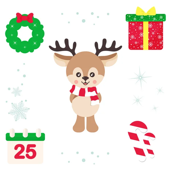 Imagem Vetorial Cervo Bonito Desenho Animado Com Cachecol Elementos Natal — Vetor de Stock