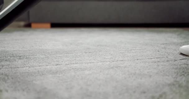 Mujer eliminando el polvo de la alfombra con aspiradora — Vídeos de Stock