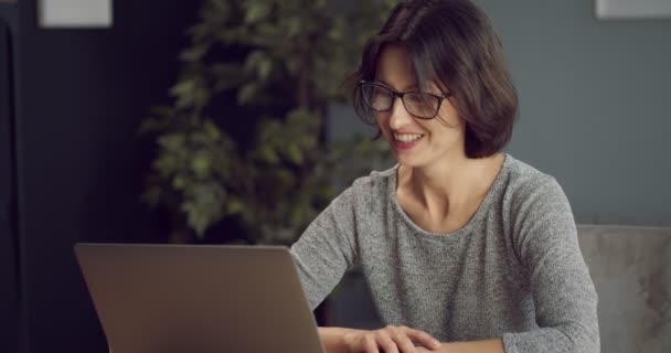 Mujer sonriente teniendo chat de vídeo en el portátil inalámbrico — Vídeo de stock