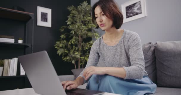 Glada kvinna sitter på bekväm soffa och använder laptop — Stockvideo