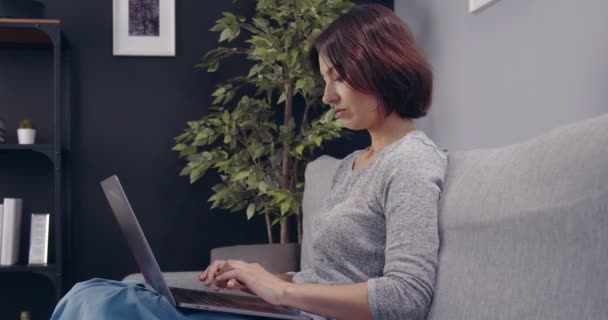 Vista lateral da mulher sentada no sofá com laptop aberto — Vídeo de Stock