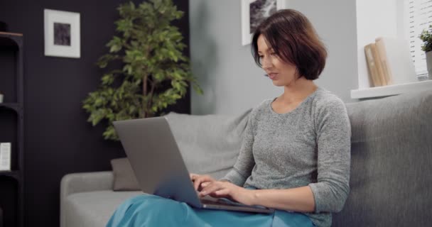 Dame souriante tapant sur ordinateur portable tout en étant assis sur le canapé gris — Video