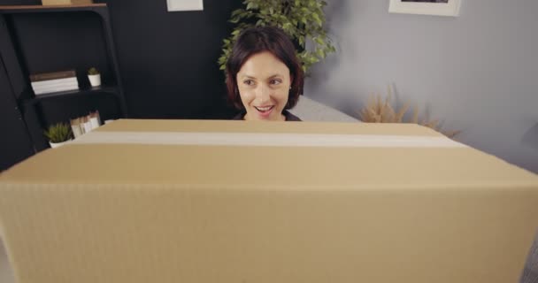 Ικανοποιημένη γυναίκα που λαμβάνει χαρτοκιβώτιο από κούριερ στο σπίτι — Αρχείο Βίντεο