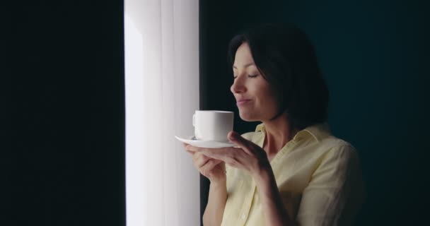 Mooie vrouw die koffie drinkt en uit het raam kijkt — Stockvideo