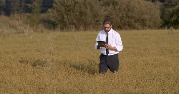 수염을 기른 농학자가 클립보드를 가지고 들판을 걸어 다닌다 — 비디오